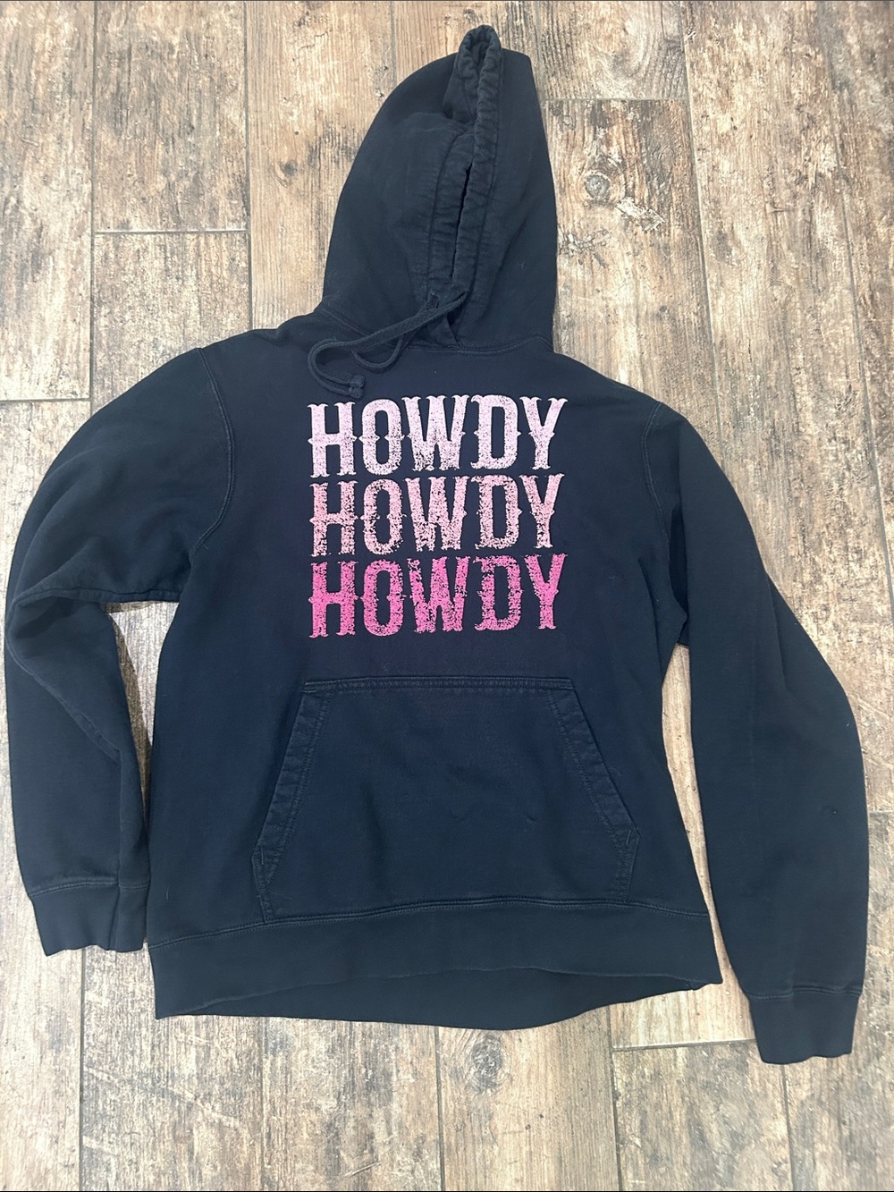 Women's Black Hoodie Sweater with Pink Ombre "Howdy" Print